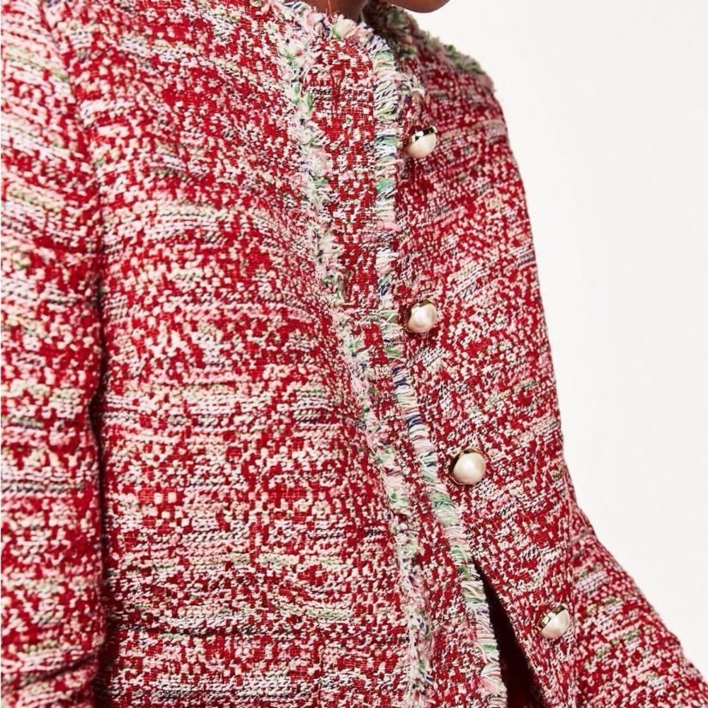 Blogger obsession red pink tweed blazer size L fits medium